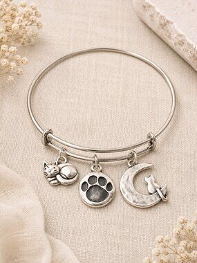 Silver Cat Moon Paw Print Charm Bracelet Expandable Cat Lover Gift